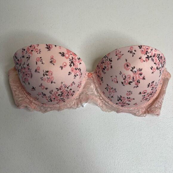 Laura Ashley Pink Peach Floral Strapless Push Up Bra Lace Women 34C No Straps - Picture 6 of 15